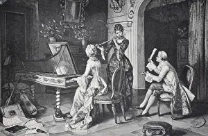 Music lessons, Women and a man playing musical instruments in an elegant baroque parlour