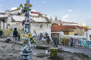 Musician overlooking Alfama, city view