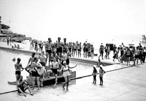 Musician in swimming pool, band