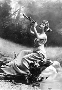 Musician, woman plays flute, set design