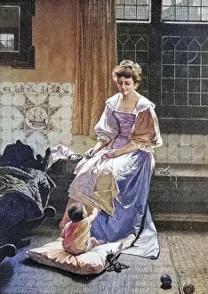 Mutter mit Kind, Die Frau ist bei Naeharbeiten