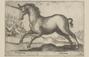 Mythical creature, unicorn, drawing by Antonio Tempesta (1555)
