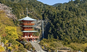 Category Mountain Landscapes Prints: Nachi waterfall behind pagoda of Seigantoji Temple