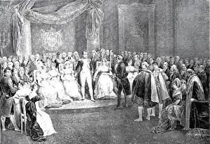 Napoleon and his court, 1810, woodcut