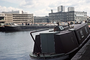 Narrow boats in the town centre, Birmingha, West Midland, England, UK 1977