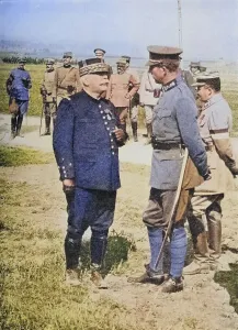 The national heroes of France and Belgium: a meeting at the front between General Joffre (left) and King Albert