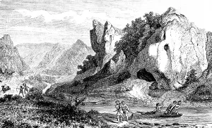 Native people hunting and fishing, cave in the Swabian Ach Valley, UNESCO World Heritage Caves and Ice Age Art of the Swabian Alb, Geopark, Ach Valley, Swabian Jura low mountain range, mountain landscape, Baden-Wuerttemberg, history of mankind