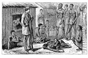 Natives standing in front of a hunter who shot a gorilla that had a cub