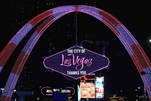 The neon sign and arch of the city of Las Vegas on Las Vegas Boulevard