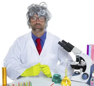 Nerd crazy scientist man portrait working at laboratory with gray hair