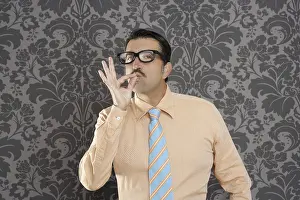 Nerd retro man businessman ok positive hand gesture wallpaper background