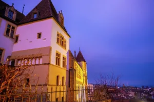 Neuchatel Castel in Old Town with House in Dusk in City of Neuchatel