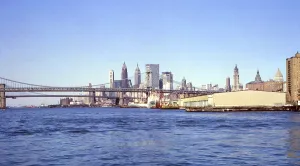 New York in 1966, downtown Manhattan with Brooklyn Bridge and Manhattan Bridge