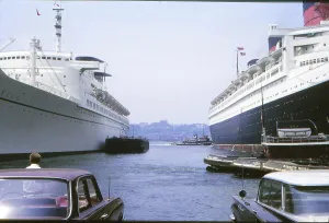 New York in 1966, Manhattan, passenger steamships Queen Mary and Raffaello at the pier