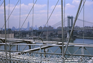 New York in 1966, view from the Brooklyn Bridge to Manhattan Bridge and Empire State Building