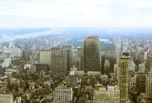 New York in 1966, view from the Empire State Building westwards to Rockefeller Centre, Central Park and George Washington Bridge