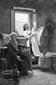 Newborn Child with Mother and Grandparents in a Farmhouse in Austria