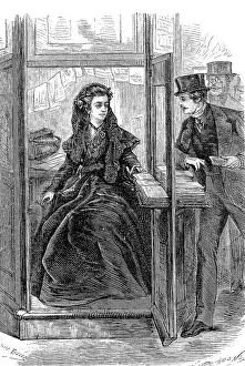 Newspaper seller in a small kiosk in 1869