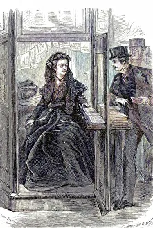 Newspaper seller in a small kiosk in 1869