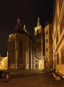 Night illuminated view of the cathedral in Rotenburg on Tauber
