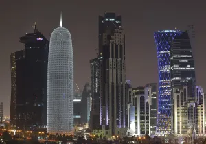Night scene, skyline of Doha with Al Bidda Tower