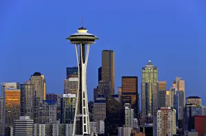Night scene, skyline of the Financial District in Seattle
