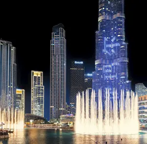 Night shot, water feature in Burj Khalifa Lake