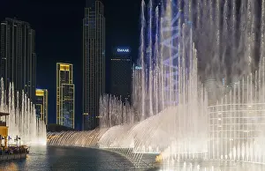 Night shot, water feature in Burj Khalifa Lake