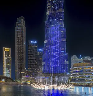 Night shot, water feature in Burj Khalifa Lake
