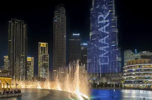 Night shot, water feature in Burj Khalifa Lake