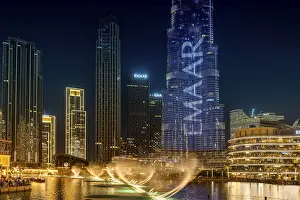 Night shot, water feature in Burj Khalifa Lake
