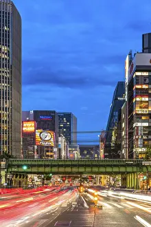 Night view of the Harumi street leading to Ginza district near to the entrance of the Hibiya Park