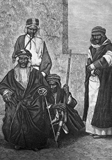 Noble Arabs, traditional floor-length robe, headgear, rifle, travelling in Asia, Arabia, historical illustration 1887