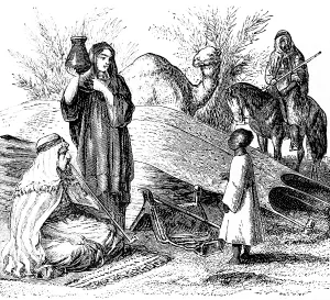 Nomadic Arabs, family with father, mother, child, traveller, camels, carpet, jug, tent, Arab clothing, travelling in Asia, Arabia, historical illustration 1887