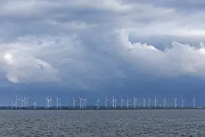 North Sea, clouds, wind turbines near Bredstedt