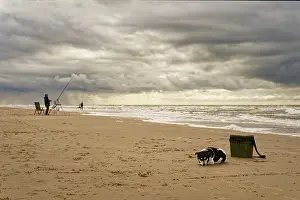 Framed Print : North Sea, a dog is lying on the beach next to his master's fishing suitcase Framed Print : North Sea, a dog is lying on the beach next to his master's fishing suitcase