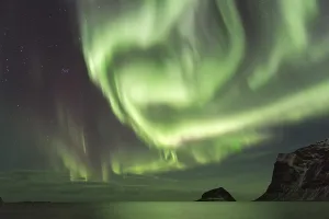 Category Scandinavia Prints: Northern lights on the coast near Gimsoy