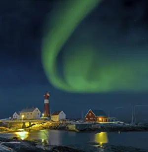 Northern lights Hamaroy lighthouse in Norway