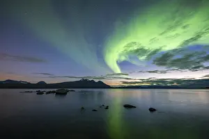 Category Mountain Landscapes Prints: Northern Lights over Lake Akkajaure and Akka mountain range