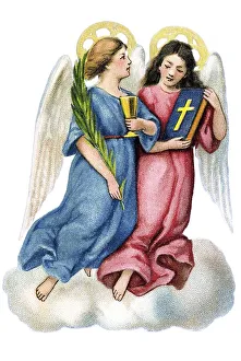 Nostalgic illustration, two angels on a cloud holding a goblet and a bible
