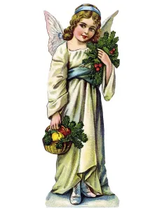 Nostalgic illustration, child-angel with basket and fir branches