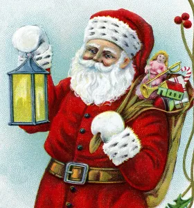 Nostalgic illustration, Father Christmas with bag full of presents