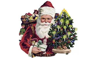 Nostalgic illustration, Father Christmas in a red coat with presents and a Christmas tree
