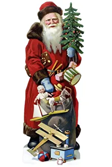 Nostalgic illustration, Father Christmas in a red coat with presents and a Christmas tree