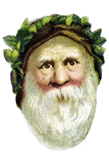 Nostalgic illustration, old Father Christmas head with a wreath of leaves and a thick white beard