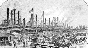 Numerous steamboats with smoking chimneys at the quay in the harbour of New Orleans on the Mississippi, goods handling, many people, wagons with horses for transporting goods, economy, trade, flags, stalls, state of Louisiana, travel, USA