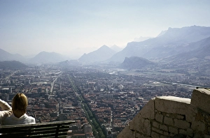 Oblique aerial view of the city centre from Bastille Castle, Grenoble, France 1974