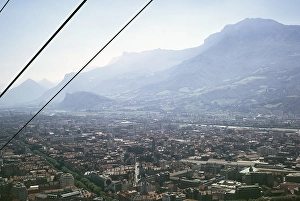 Oblique aerial view of the city centre from the cable car, Grenoble, France 1974