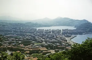 Oblique aerial view over city of San Sebastian, Donostia-San Sebastian, northern Spain 1959