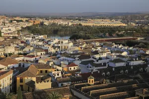 Oblique raised angle view of historic city centre buildings